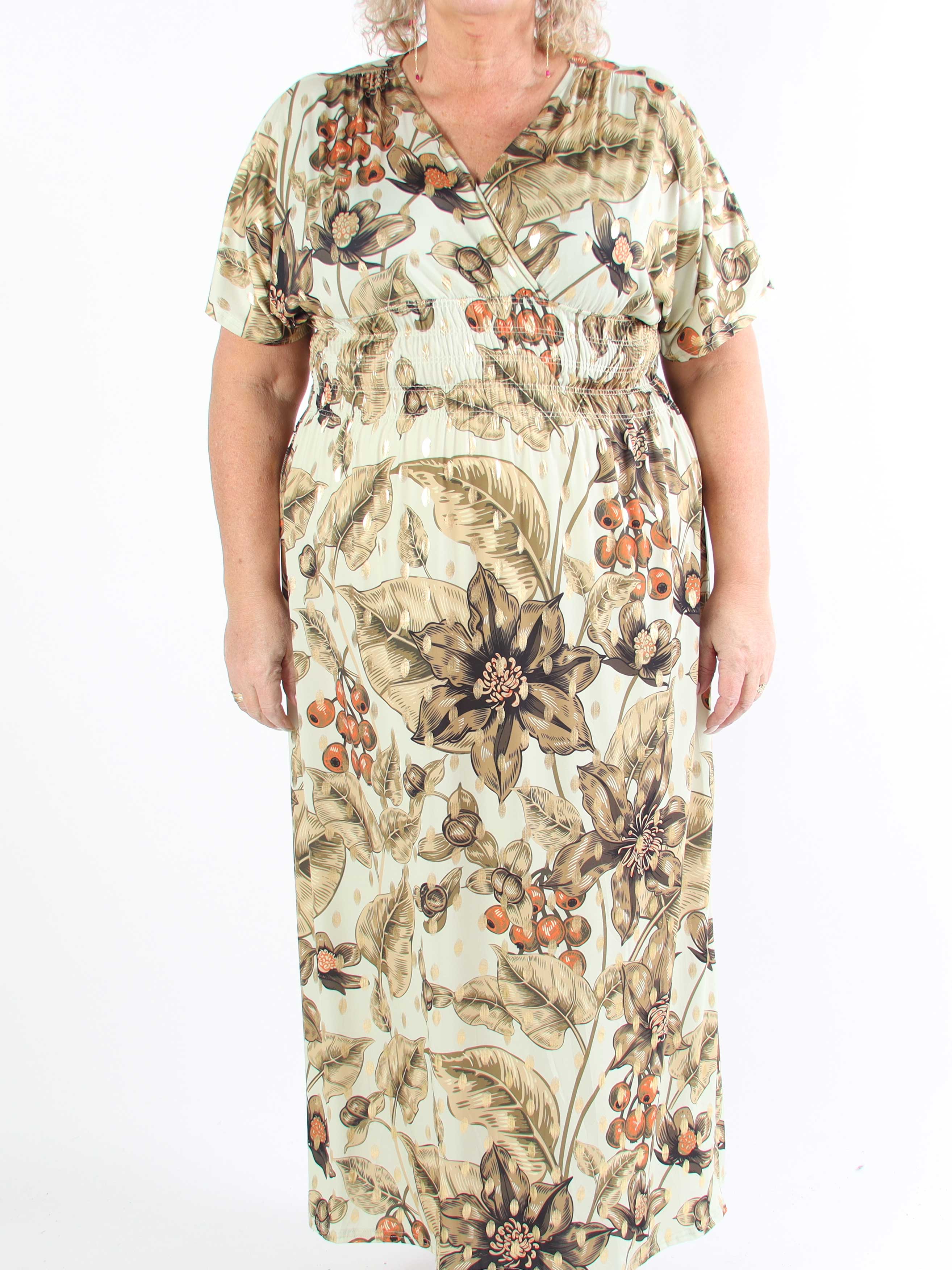 Pams Berry - Lång plus size-klänning med resår och smockad midja